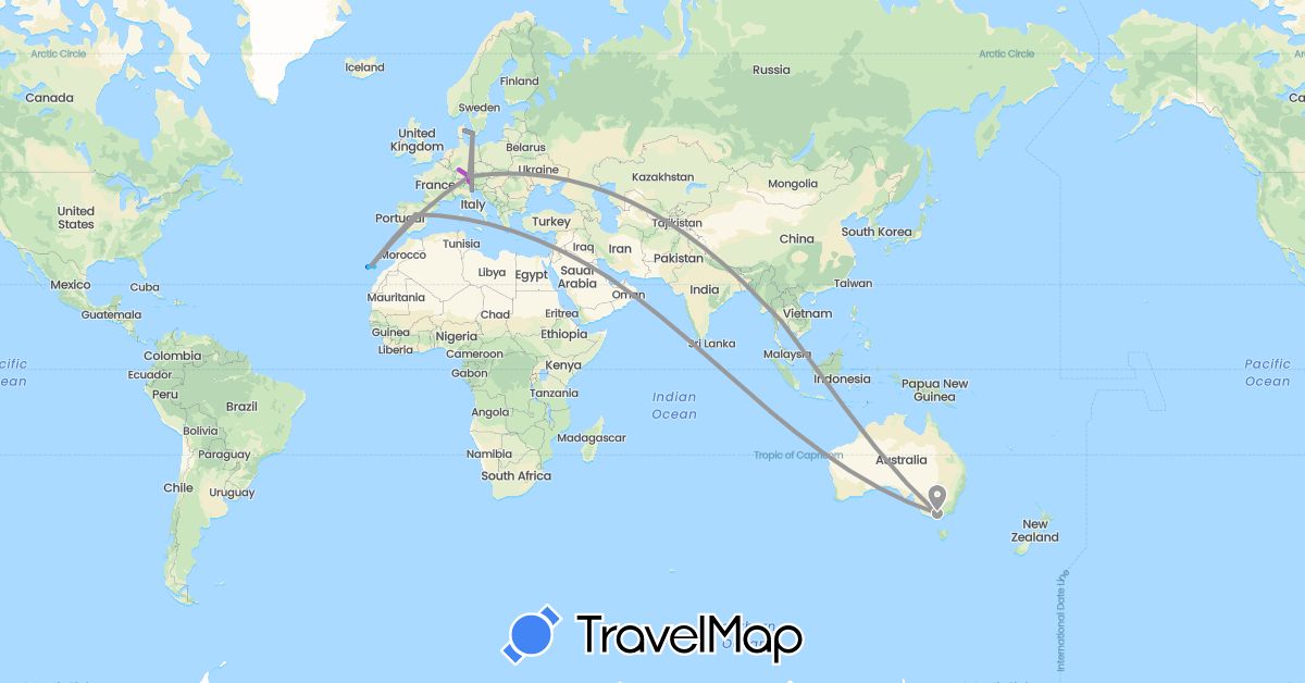 TravelMap itinerary: driving, plane, train, boat in Austria, Australia, Germany, Denmark, Spain, Italy, Qatar, Thailand (Asia, Europe, Oceania)