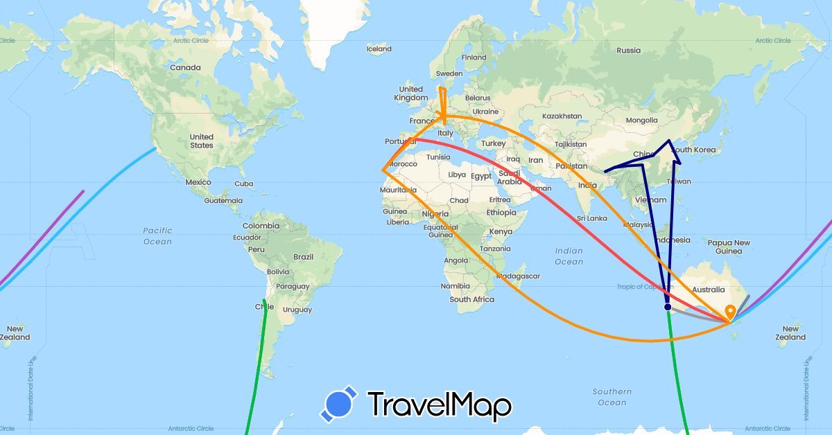 TravelMap itinerary: driving, bus, plane, cycling, train, hiking, boat, hitchhiking in Austria, Australia, Chile, China, Germany, Denmark, Spain, Italy, United States (Asia, Europe, North America, Oceania, South America)